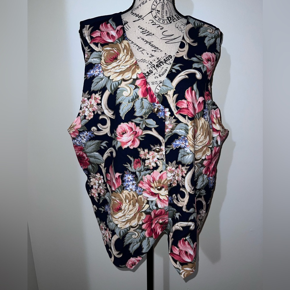 Vintage Silver Threads 1X Floral Vest Navy Made in USA Cottagecore